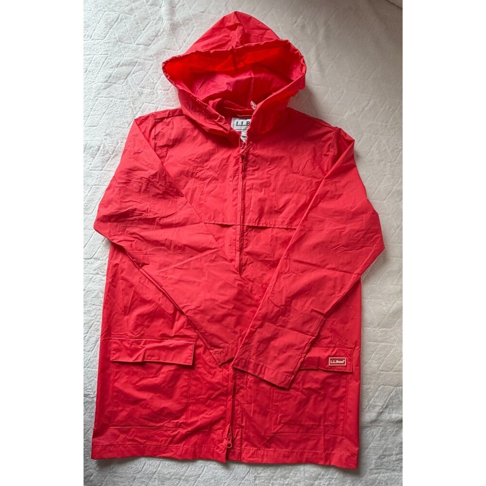 Vintage L.L.Bean Womens Small Red Hooded Rain Jacket PVC Nylon Raincoat
